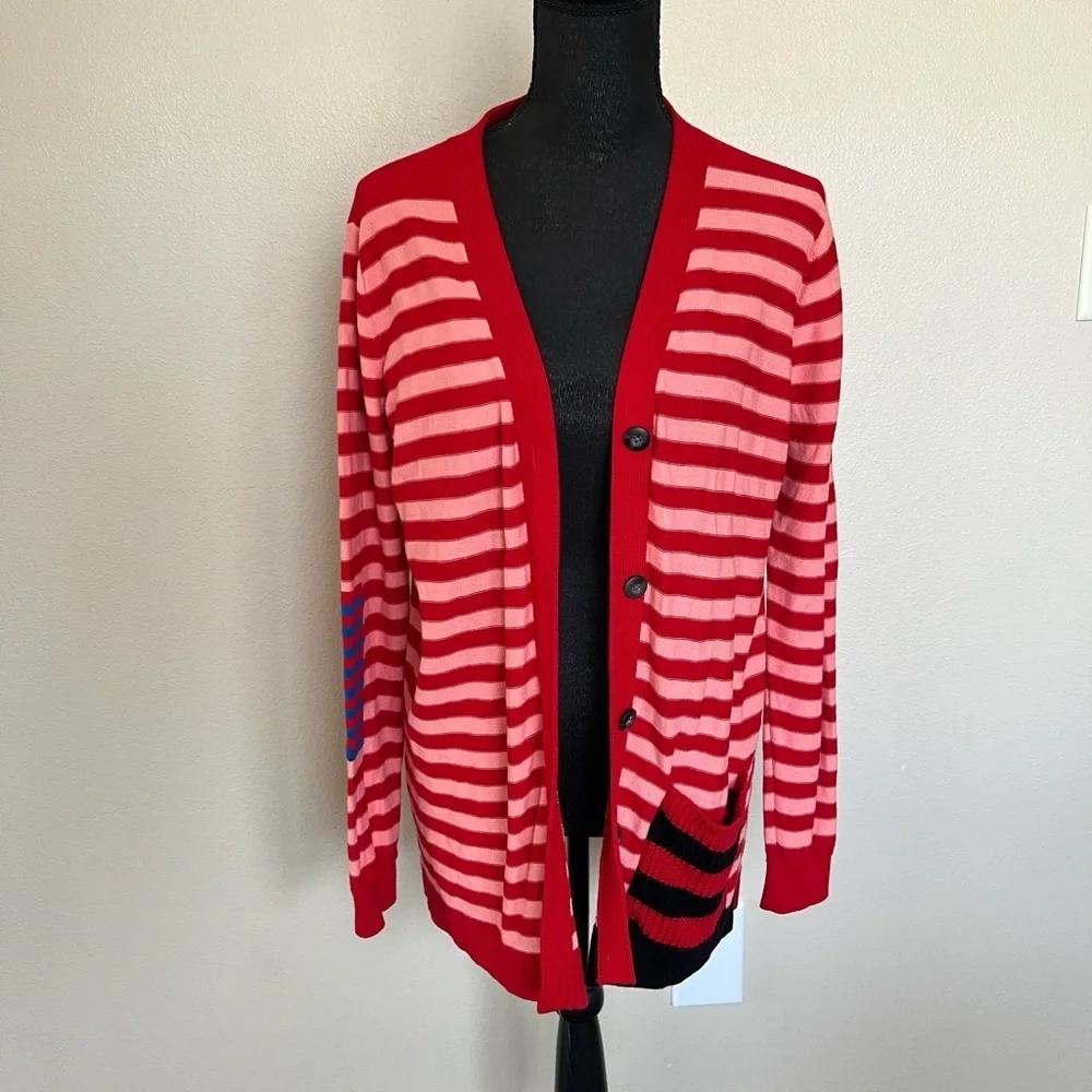 Cabi Picnic Cardigan red pink striped button front sweater Medium style 5446